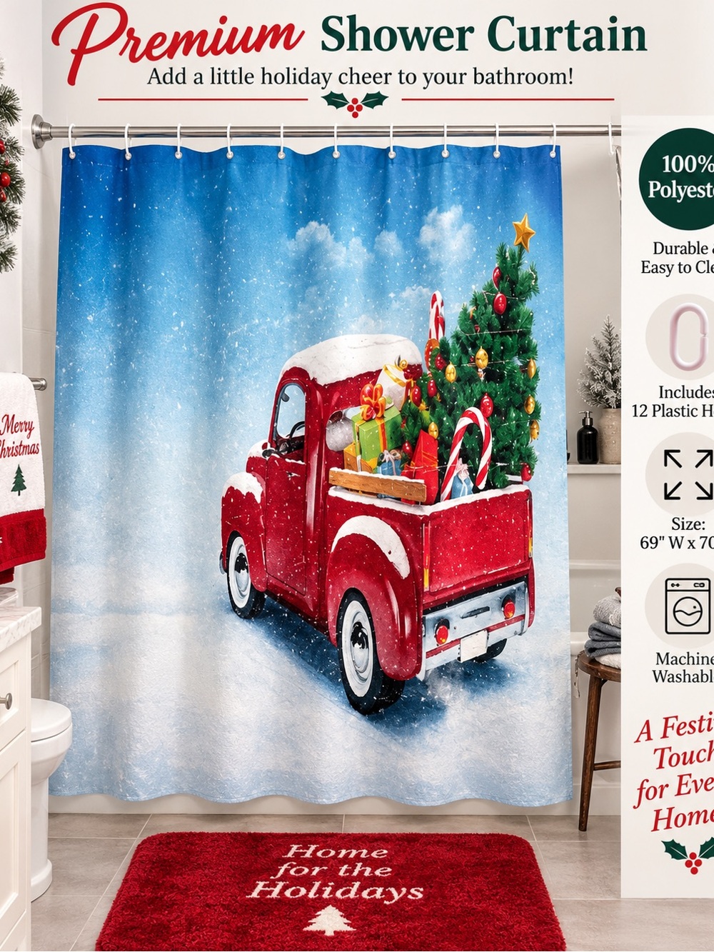 Premium Holiday Shower Curtain with Red Vintage Truck and Christmas Tree